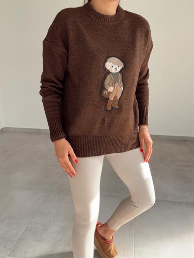 Kahve Tedy Nakışlı Triko Kazak