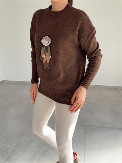 Kahve Tedy Nakışlı Triko Kazak