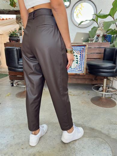 Kahve Tek Düğmeli Deri Pantolon