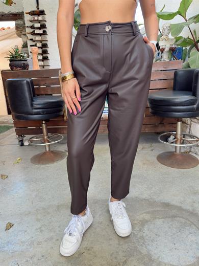 Kahve Tek Düğmeli Deri Pantolon