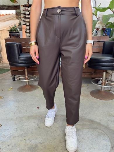Kahve Tek Düğmeli Deri Pantolon