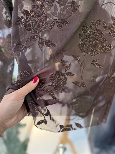 Kahve Transparan Kendinden Desenli Bluz