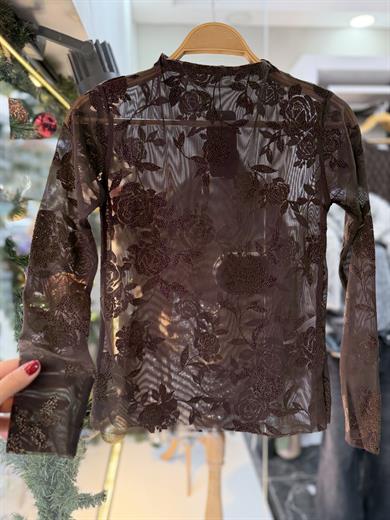 Kahve Transparan Kendinden Desenli Bluz