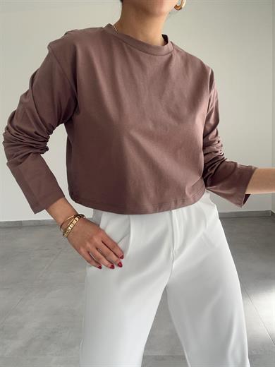 Kahve Uzun Kollu Crop Tişört