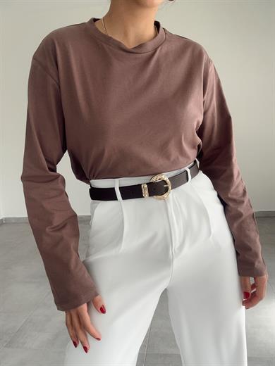 Kahve Uzun Kollu Crop Tişört