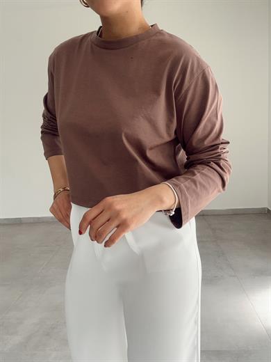 Kahve Uzun Kollu Crop Tişört