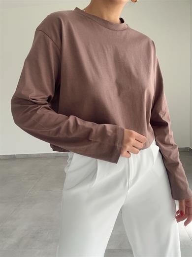 Kahve Uzun Kollu Crop Tişört