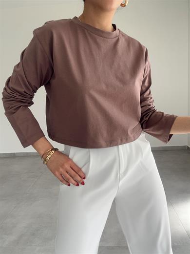 Kahve Uzun Kollu Crop Tişört