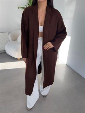 Kahve Uzun Salaş Maxi Triko Hırka