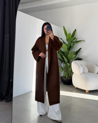 Kahve Uzun Salaş Maxi Triko Hırka