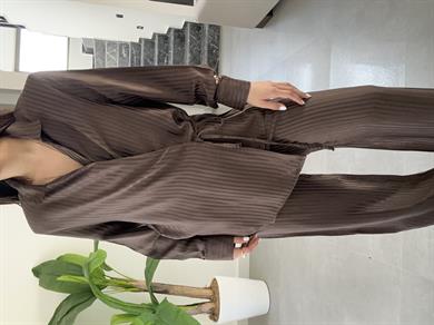 Kahve Vatkalı Çizgili Kimono Takım