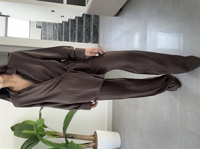 Kahve Vatkalı Çizgili Kimono Takım