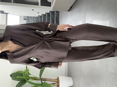 Kahve Vatkalı Çizgili Kimono Takım