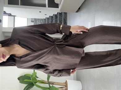 Kahve Vatkalı Çizgili Kimono Takım