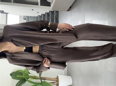 Kahve Vatkalı Çizgili Kimono Takım