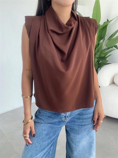 Kahve Vatkalı Degaje Yaka Bluz