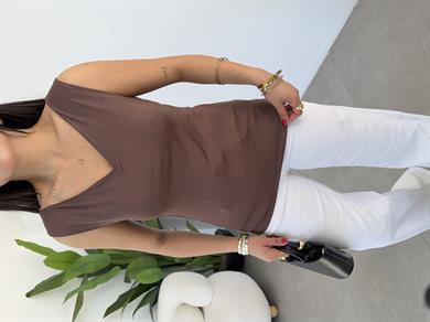 Kahve Viskon Ön Arka V Yaka Bluz