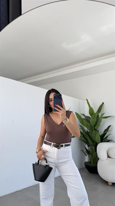 Kahve Viskon Ön Arka V Yaka Bluz