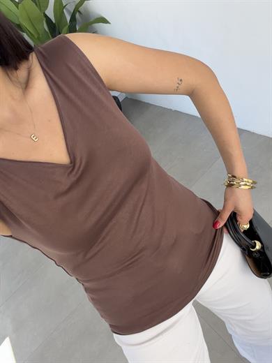 Kahve Viskon Ön Arka V Yaka Bluz