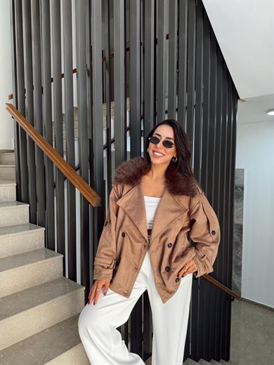 Kahve Yakası Kürklü Bomber Mont