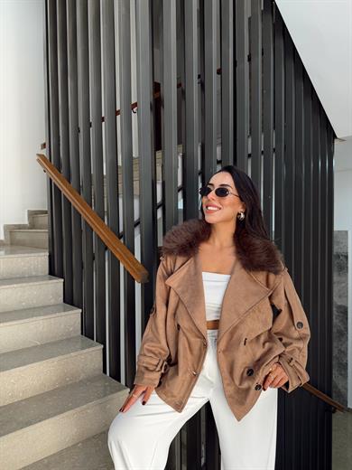 Kahve Yakası Kürklü Bomber Mont