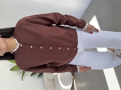 Kahve Yakası Ve Kolları Dantelli Hırka