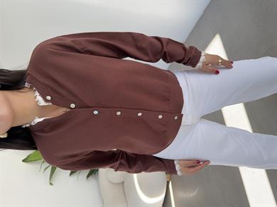 Kahve Yakası Ve Kolları Dantelli Hırka