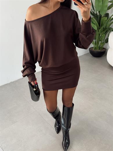 Kahve Yarasa Kol Elbise