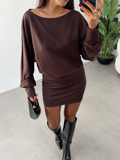 Kahve Yarasa Kol Elbise
