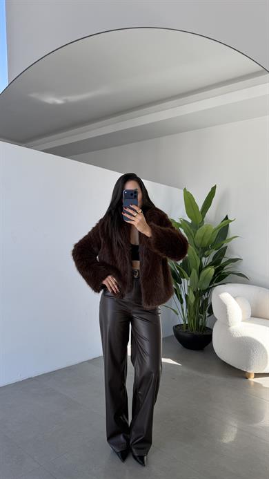 Kahve Yüksek Bel Deri Palazzo Pantolon