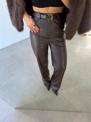 Kahve Yüksek Bel Deri Palazzo Pantolon