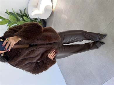 Kahve Yüksek Bel Deri Palazzo Pantolon