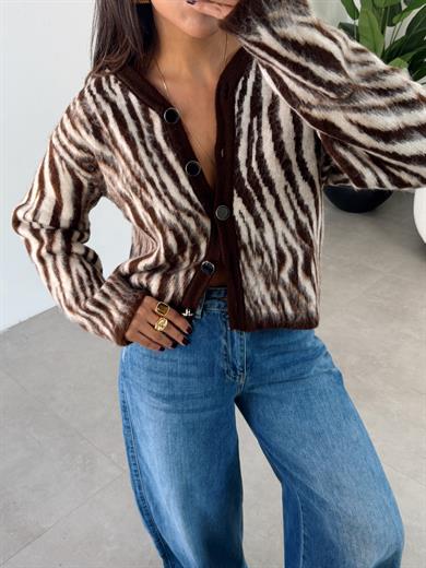 Kahve Zebra Desen Hırka