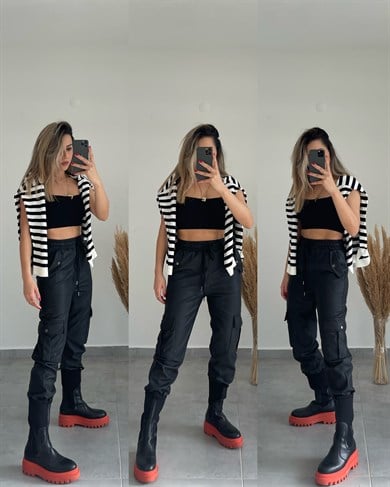 Kargo Cepli Siyah Deri Pantolon