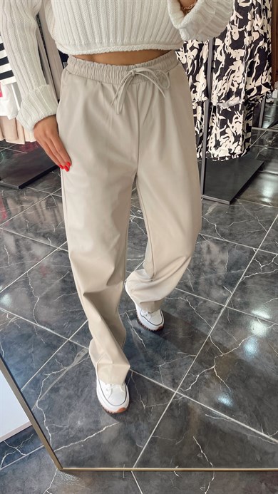 Kemeri Lastikli Bej Deri Pantolon