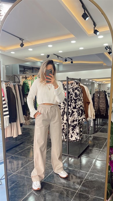 Kemeri Lastikli Bej Deri Pantolon