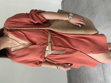 Kiremit Pamuk Keten Yakalı Gömlek Elbise