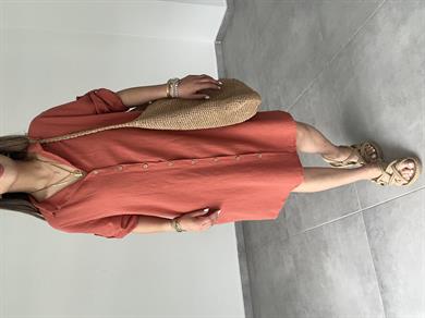 Kiremit Pamuk Keten Yakalı Gömlek Elbise