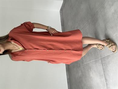 Kiremit Pamuk Keten Yakalı Gömlek Elbise