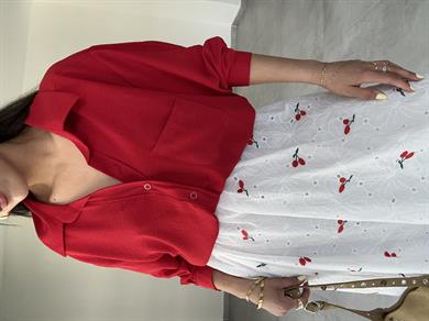 Kırmızı Ayrobin Cepli Oversize Gömlek