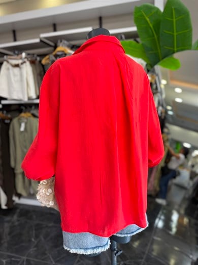 Kırmızı Düşük Omuz Oversize Gömlek