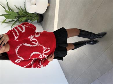 Kırmızı-Ekru Desenli Kazak