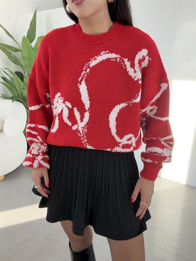 Kırmızı-Ekru Desenli Kazak