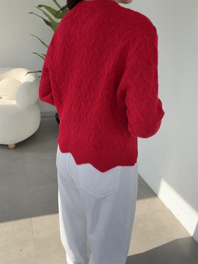 Kırmızı Fularlı Düz Hırka