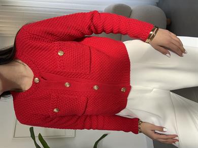 Kırmızı Gold Düğme Cepli Hırka