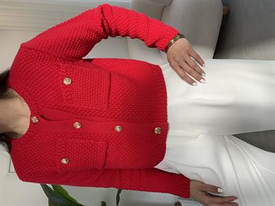 Kırmızı Gold Düğme Cepli Hırka