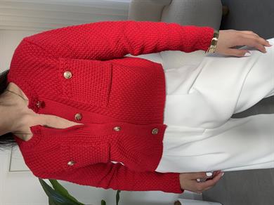 Kırmızı Gold Düğme Cepli Hırka