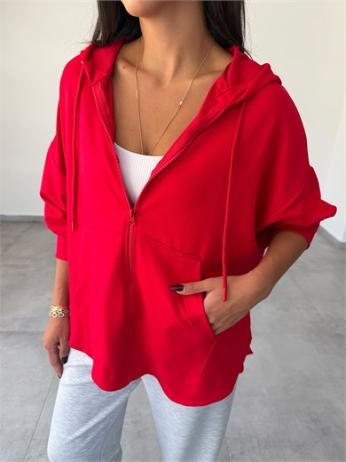 Kırmızı Kapüşonlu Fermuarlı Rahat Kesim Sweatshirt