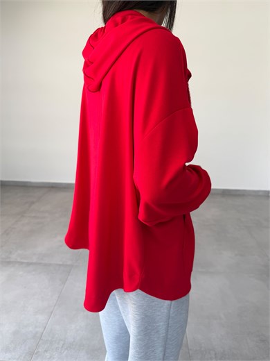 Kırmızı Kapüşonlu Fermuarlı Rahat Kesim Sweatshirt