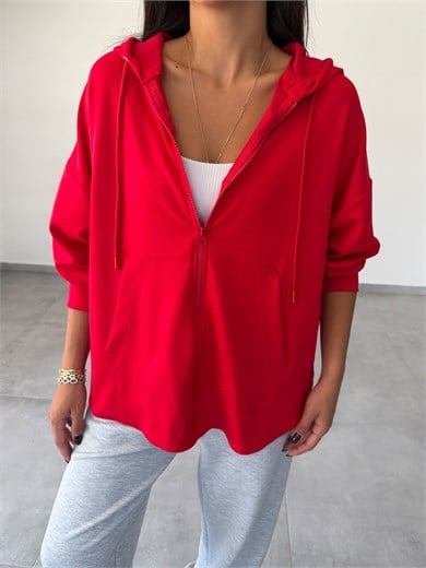 Kırmızı Kapüşonlu Fermuarlı Rahat Kesim Sweatshirt